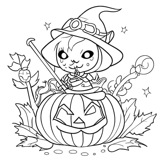 Vector página para colorear de niños tema de halloween con calabazas y fantasmas.