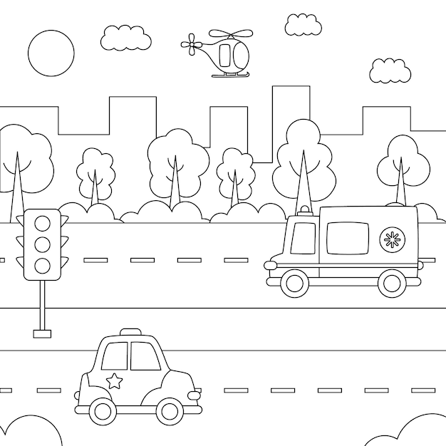 Página para colorear para niños. Vista a la ciudad con transporte. Paisaje urbano en blanco y negro.