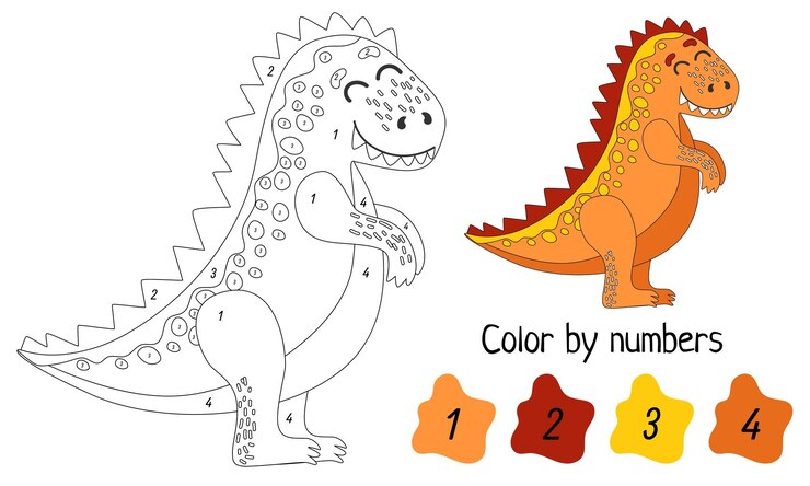 Vector página para colorear por números dinosaurio divertido juego educativo para niños en edad preescolar aprender números y colores