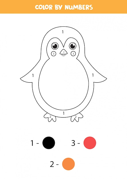 Página para colorear por números con pingüino de dibujos animados lindo.