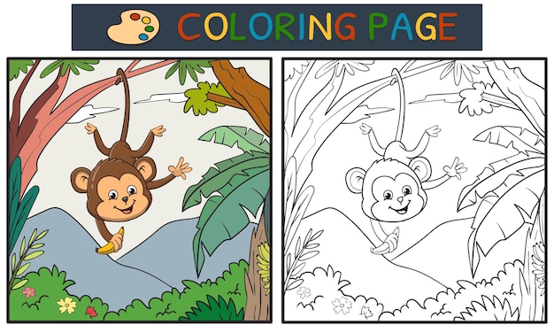 Página para colorear o libro con mono colgado en el árbol