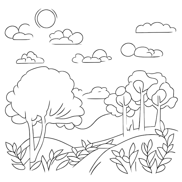 Vector página para colorear paisaje escenas de naturaleza con nubes de sol o prado escena de paisaje muchos árboles florecen