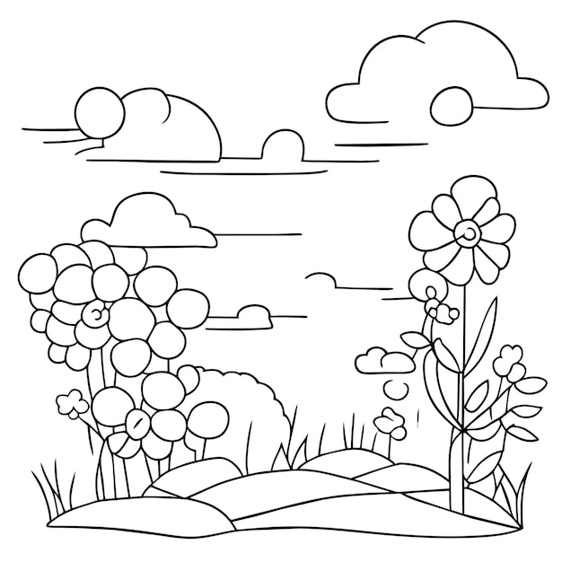 página para colorear paisaje escenas de naturaleza con nubes de sol o prado escena de paisaje muchos árboles florecen