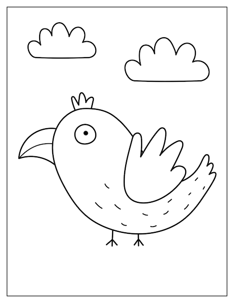 Página para colorear con un pájaro espeluznante volador. Los niños imprimen con un cuervo para colorear un libro. Vector