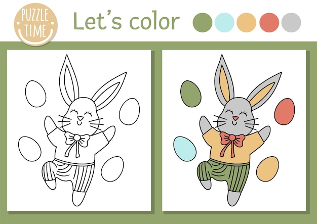 Página para colorear de pascua para niños conejito divertido con huevos de colores ilustración de esquema de vacaciones de vector con lindo animal tradicional libro de color de primavera adorable para niños con ejemplo de colorxa