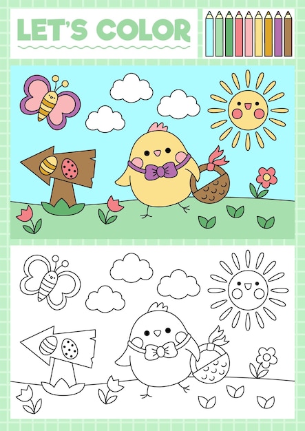 Página para colorear de Pascua para niños con un lindo pollito kawaii que va a la caza de huevos Ilustración de esquema de vacaciones de primavera vectorial Libro de colores para niños con ejemplos de colores Habilidades de dibujo hoja de trabajo imprimibleetxA