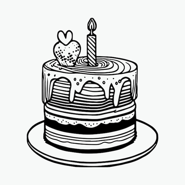 Página para colorear pastel de cumpleaños dibujada a mano en blanco y negro