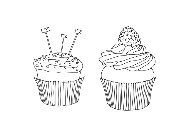 página de colorear pastel de cumpleaños de taza negra dibujado a mano dibujo simple cupcakes conjunto de dulces