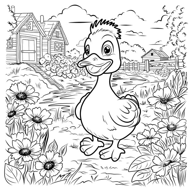 Página de colorear pato Patito lindo personaje gracioso ilustración lineal para niños para colorear Granja de pájaros