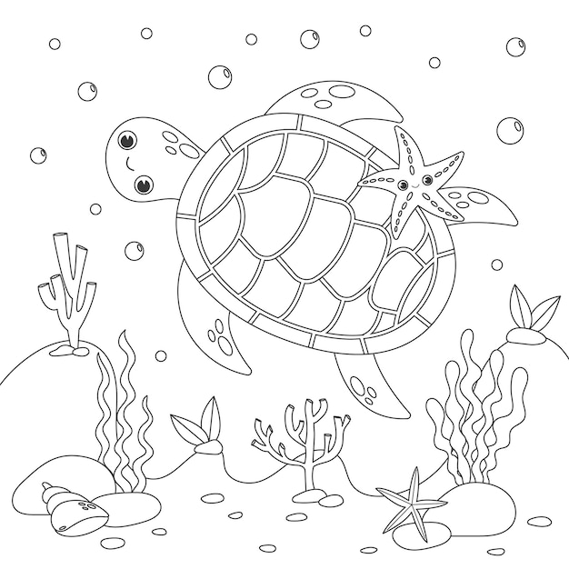 Vector página de colorear pequeña tortuga marina linda nada bajo el agua con burbujas y sonrisas