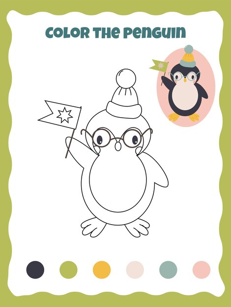 página de colorear con un pequeño pingüino gracioso sosteniendo una bandera