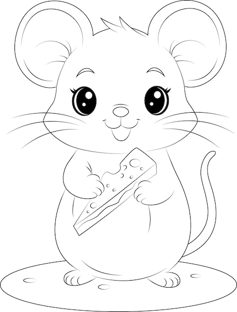 Página de colorear un pequeño ratón mordisqueando queso