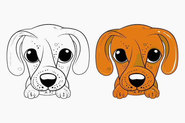 Vector página para colorear de perro y ilustración vectorial coloreada
