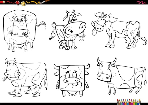 Página para colorear de personajes de animales de granja de vacas de dibujos animados