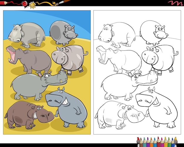 Página para colorear de personajes de animales de hipopótamos de dibujos animados
