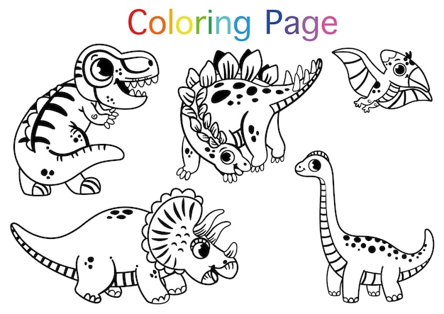 Página para colorear con personajes de dinosaurios para niños. ilustración vectorial