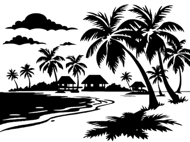 Vector página de colorear playa soleada de verano y libro de colorear paisaje tropical