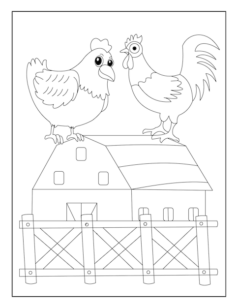 Vector página para colorear de pollo y gallo con fondo