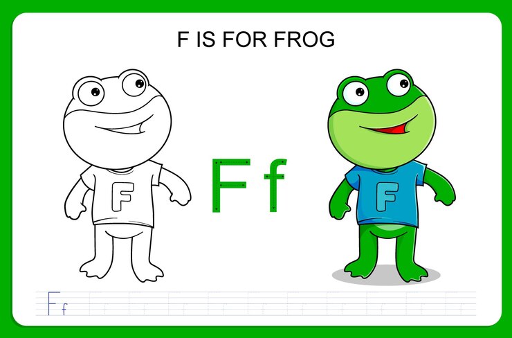 Vector página para colorear con práctica de escritura del alfabeto de rana de dibujos animados lindo para niños