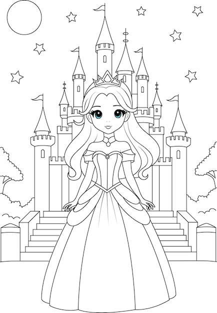 Página de colorear Princesa Chibi y un castillo iluminado por las estrellas