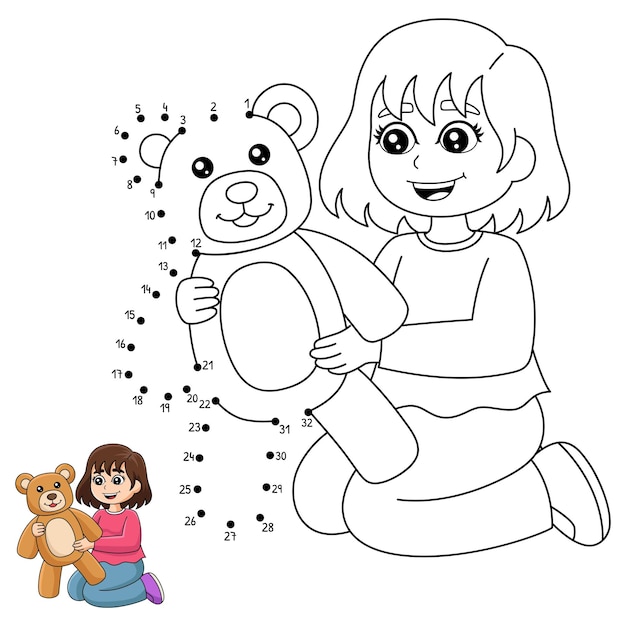 Página para colorear de punto a punto de niña sosteniendo un osito de peluche