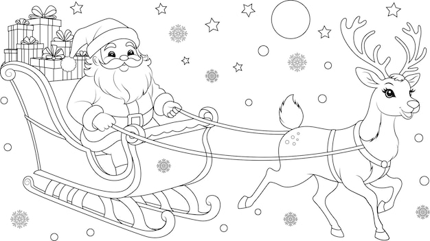 Página de colorear reno tirando del trineo de Papá Noel a través del cielo nocturno Libro de colorear Navidad