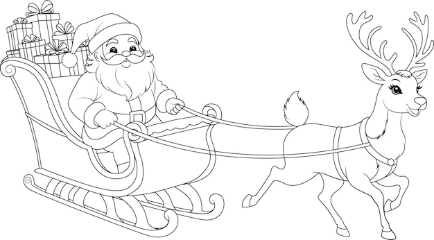Página para colorear renos tirando del trineo de Papá Noel por el cielo nocturno