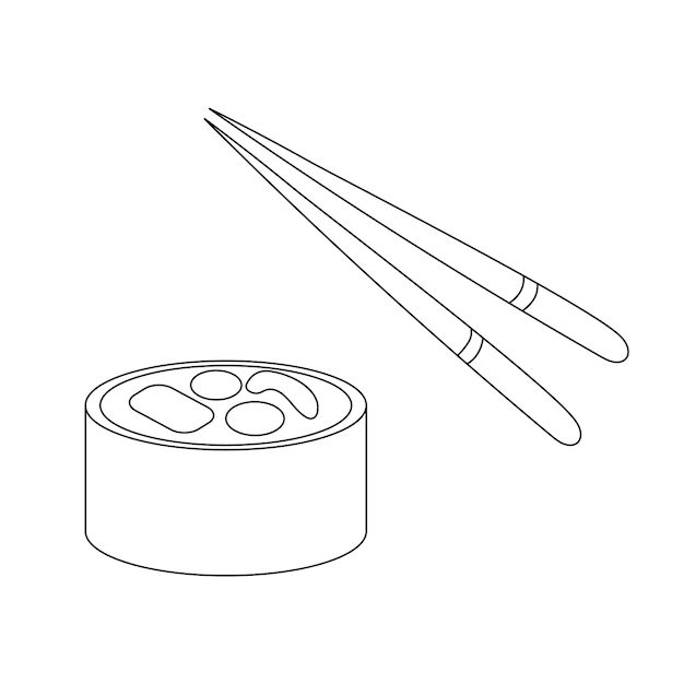 Página para colorear rollos con palillos comida asiática ilustración vectorial