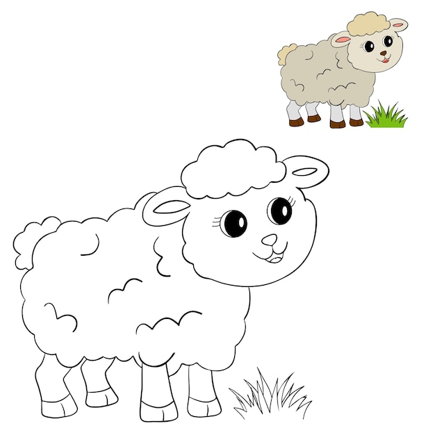 Página de colorear simpática animal cordero oveja contorno ilustración plana