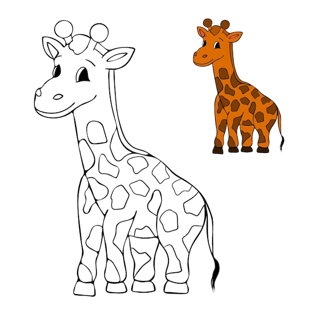 Página de colorear simpática animal girafa contorno diseño plano ilustración