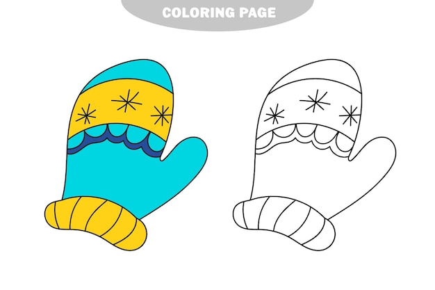 Página para colorear simple. Manopla de invierno en el estilo de dibujo. Ilustración de vector aislado sobre fondo blanco. Versión en color y en blanco y negro