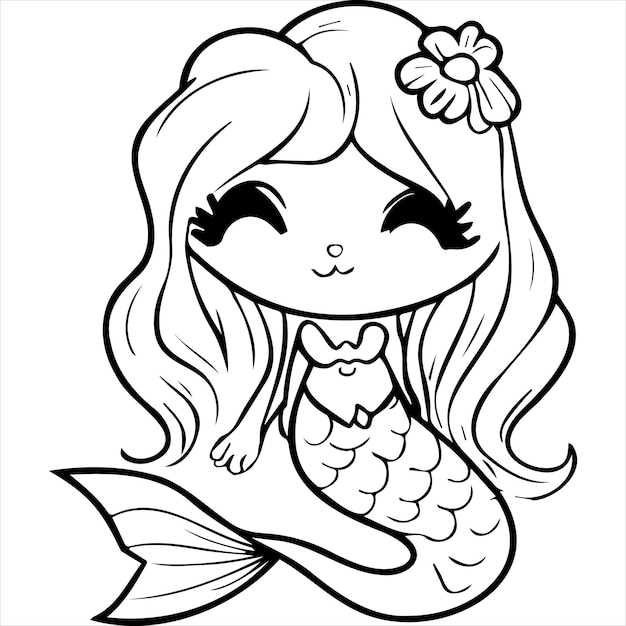 Vector página para colorear de sirena kawaii