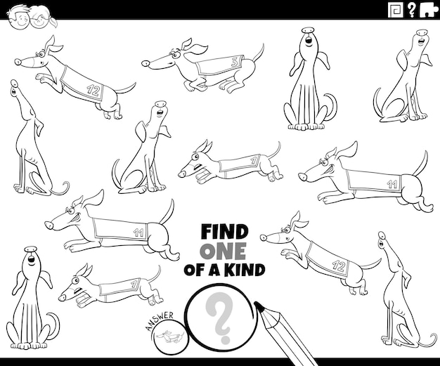 Página para colorear de una tarea única con divertidos perros de dibujos animados