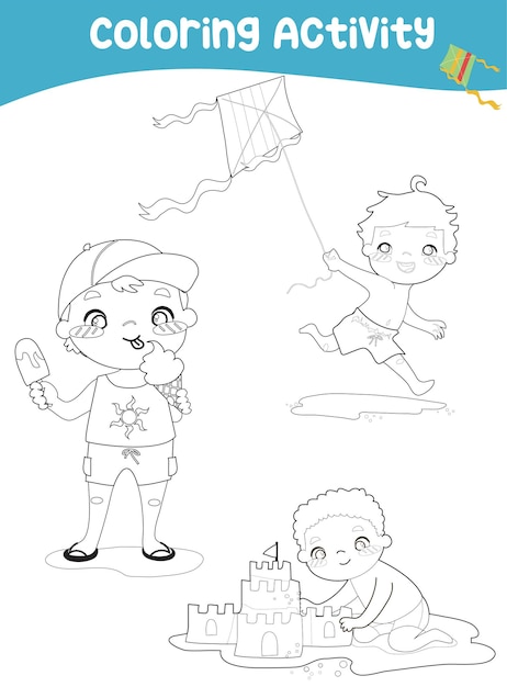Página para colorear con tema de verano Niños con actividades de verano Hoja para colorear para niños
