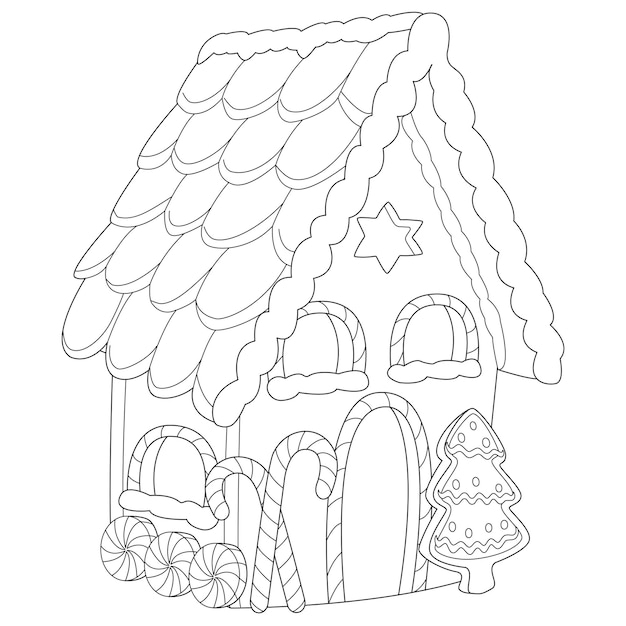 Página de colorear para la terapia de arte de la casa de pan de jengibre de Navidad