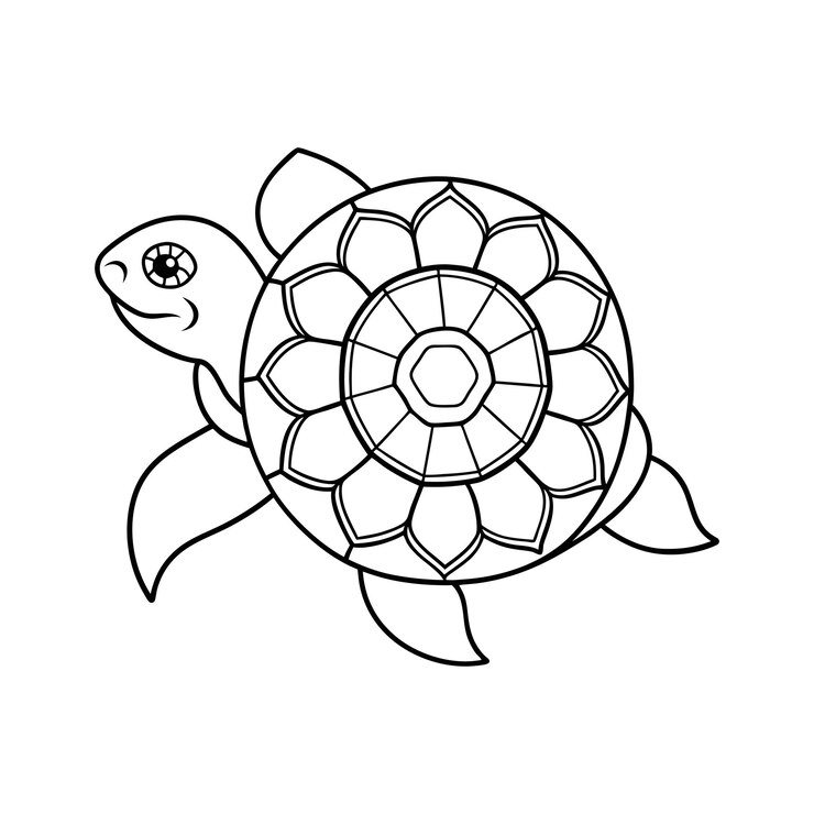 Vector página para colorear tortuga niños amigable arte de línea simple tortuga linda con diseño de mandala de flores geométricas