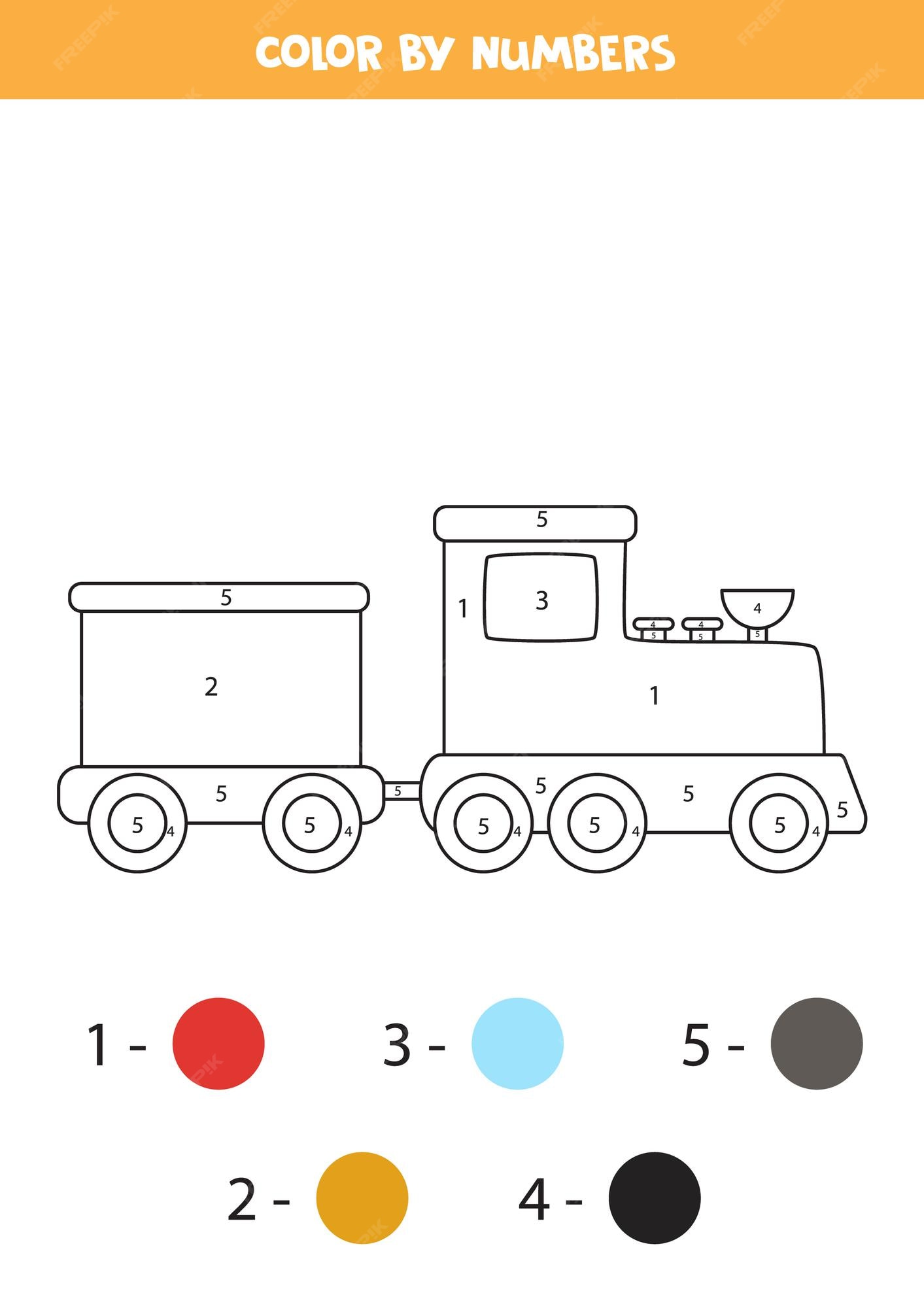 Página para colorear con tren de dibujos animados. colorea por números.  juego de matemáticas para niños. | Vector Premium