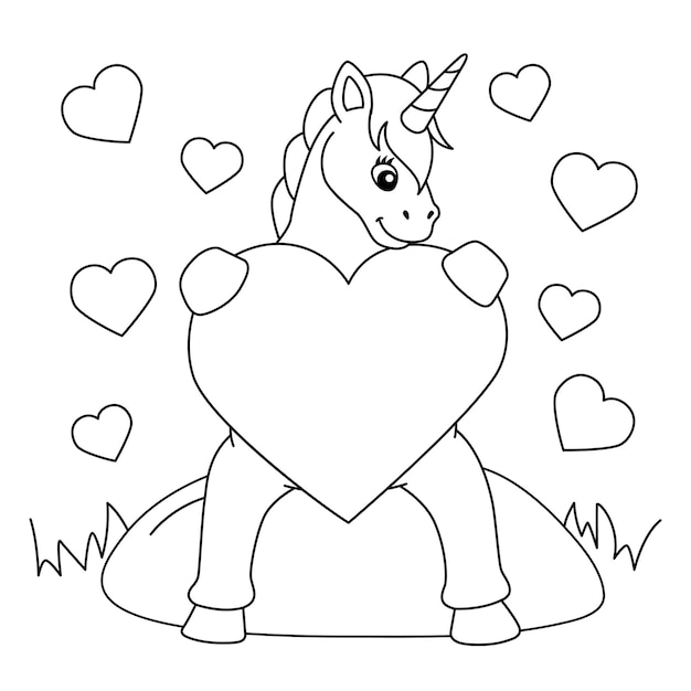 Página para colorear de unicornio abrazando un corazón para niños
