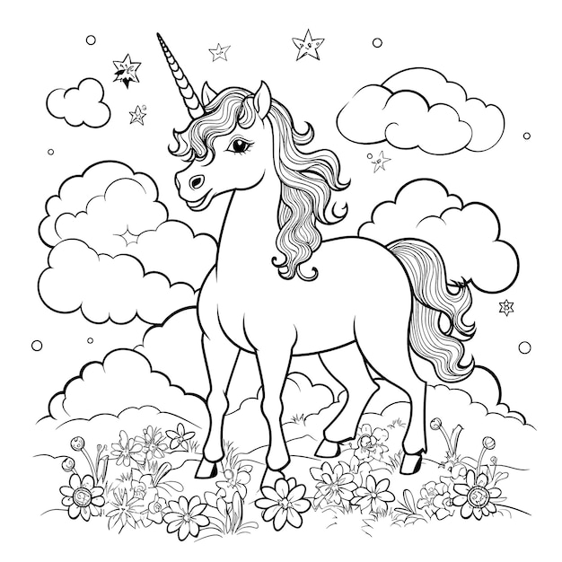 Vector página para colorear de unicornio en blanco y negro para niños y adultos, arte lineal, estilo de dibujos animados simple, feliz, lindo y divertido