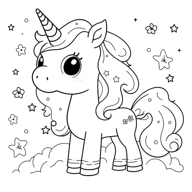 Vector página para colorear de unicornio en blanco y negro para niños y adultos, arte lineal, estilo de dibujos animados simple, feliz, lindo y divertido