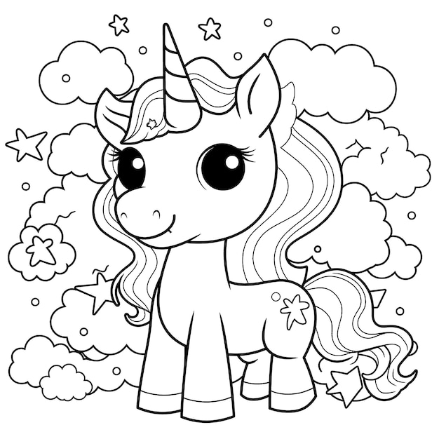 Página para colorear de unicornio en blanco y negro para niños y adultos, arte lineal, estilo de dibujos animados simple, feliz, lindo y divertido