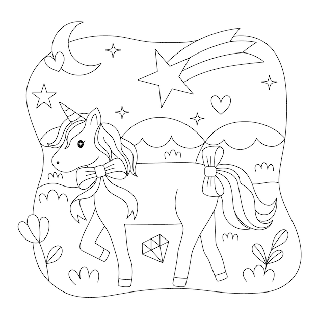 Página para colorear de unicornio dibujado a mano