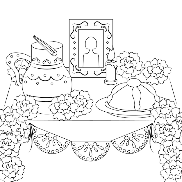 Página para colorear de vector blanco y negro del Día de los Muertos