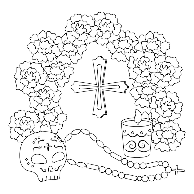 Vector página para colorear de vector blanco y negro del día de los muertos