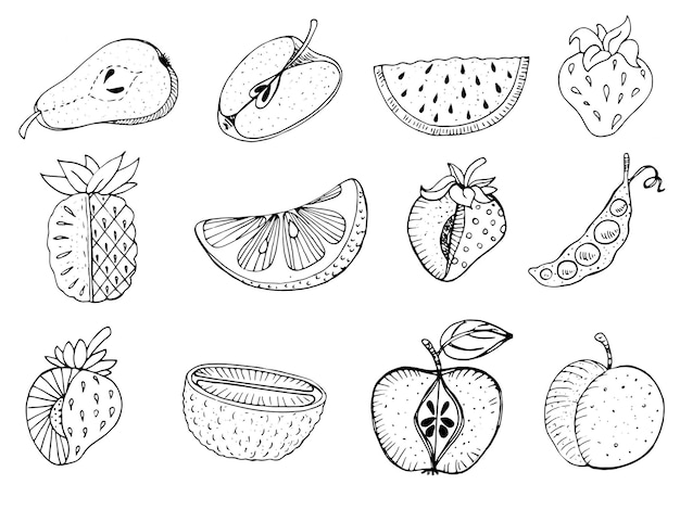 Vector página de colorear vectorial con frutas lindas