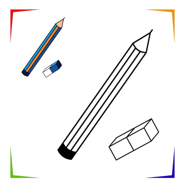 Página de colorear vectorial con lápiz y goma de borrar Ficha de trabajo educativa Elemento escolar temático para colorear