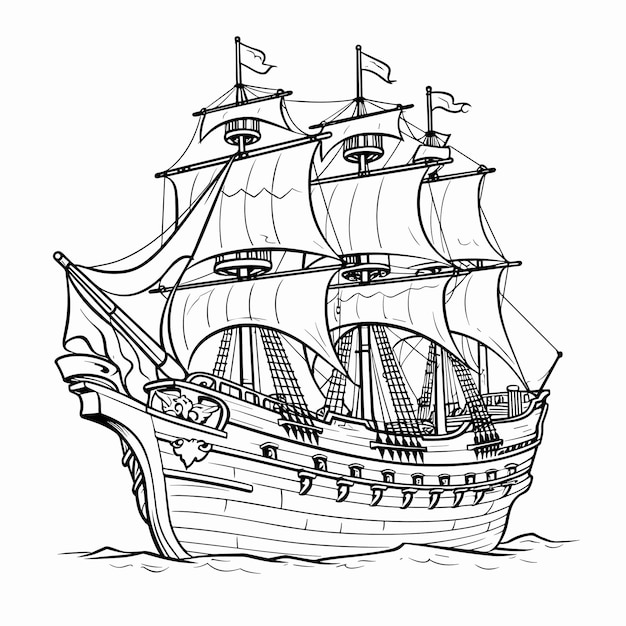 Página para colorear de velero ilustración vectorial en blanco y negro