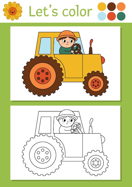 En la página de coloreo de la granja para niños con un agricultor conduciendo un tractor ilustración de contorno de país rural vectorial libro de color para niños con ejemplo de color habilidades de dibujo hoja de trabajo imprimiblexa