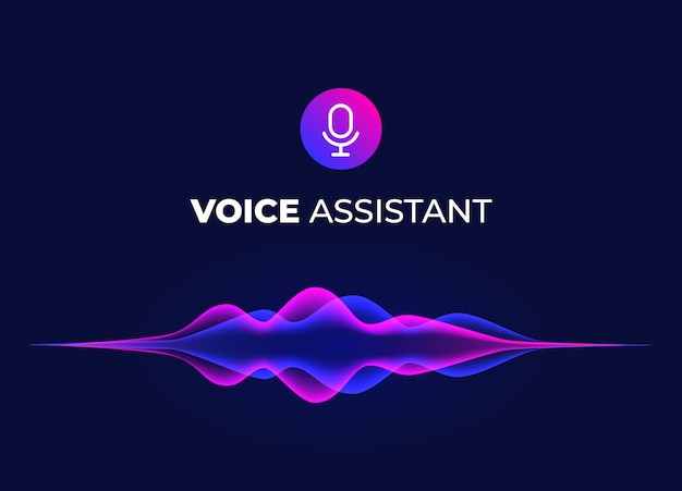 Página de concepto de asistente de voz. reconocimiento personal de voz móvil, ondas de sonido abstractas. icono de micrófono y ecualizador de música de neón.