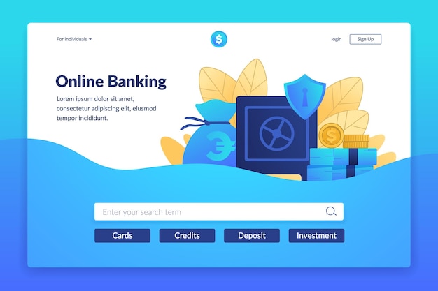Página de destino de la banca en línea Servicio de pago Interfaz para el sitio web del banco Transacciones web o cambio de divisas ahorros e inversiones Diseño de interfaz de usuario vectorial con botones y espacio de copia
